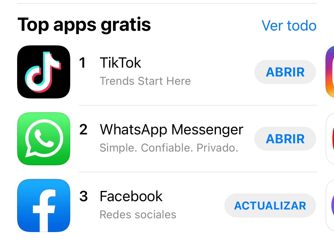 top 3 apps gratuitas en app store perú tiktok, whatsapp y facebook