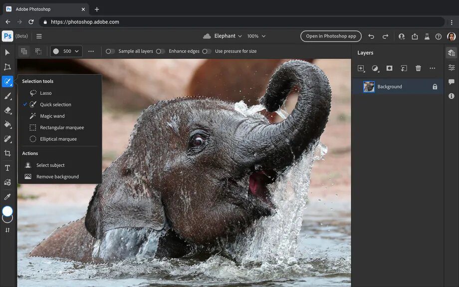 Posible interfaz de Adobe Photoshop gratis en web